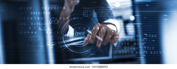 Cloud and Edge computing concept. Modern IT technology on virtual screen, data backup with Edge computing industry 4.0, cloud storage innovative background. Internet of things. Digital technology