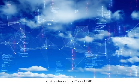 Cloud and edge computing technology concept cybersecurity data protection. White cloud with binary code connected polygons on dark blue background. Connect business networks in the digital era.