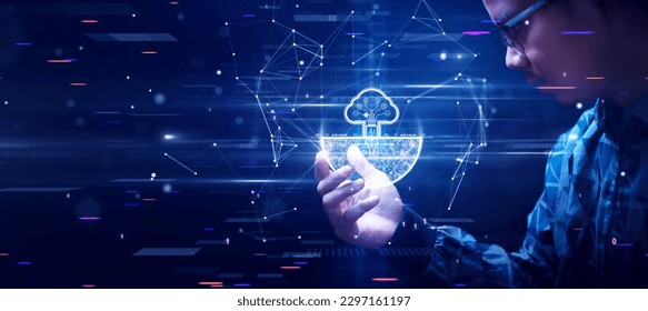 Cloud and edge computing technology concept. Person who is looking at the rapidly changing growth of the digital world with artificial intelligence. Interlocking polygons on a dark blue background.