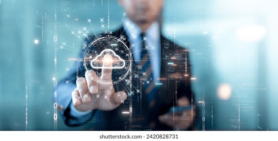 Cloud or edge computing technology concept. Businessman is using his fingers to select a cloud icon connecting accessing global usage data. Abstract binary code on background. - Powered by Shutterstock - Get 15% off with code: PIKWIZARD15