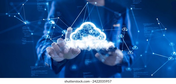 Cloud or edge computing technology concept. Businessman uses finger to click cloud icon connects data access Global use abstract binary code on dark blue background. - Powered by Shutterstock