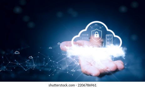 Cloud And Edge Computing Technology Concepts With Cybersecurity Data Protection. Icon And Abstract Cloud Above The Prominent Right Hand. Polygons Connected On A Dark Blue Background.