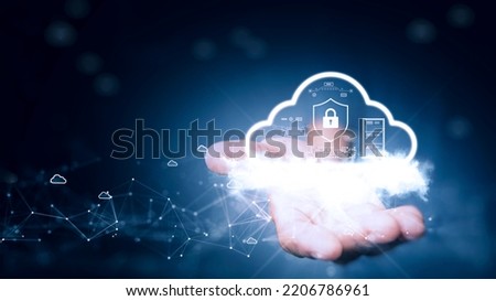 Cloud and edge computing technology concepts with cybersecurity data protection. Icon and abstract cloud above the prominent right hand. polygons connected on a dark blue background.