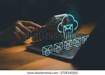 Cloud email synchronization and digital communication on smartphone. Business technology for internet messaging, networking, and data connection via global network.