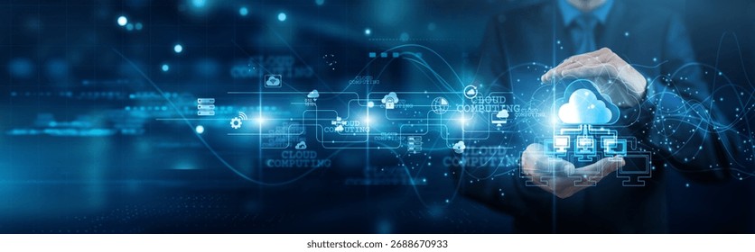 IT cloud engineer hands holding platform cloud computing network connections data centers SaaS PaaS architecture access optimization servers reliability scalability.