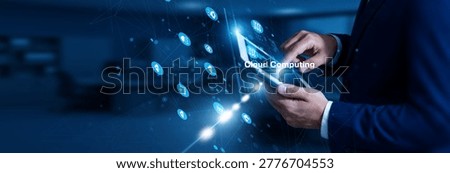 Cloud Engineer touching cloud computing using tablet internet network, virtualization, storage, scalability, remote access.