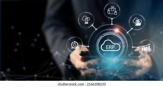 Cloud ERP, Enterprise Resource Planning  concept. Providing for team advanced capabilities, AI to automate operational processes, react in real time, automatic updates and gain a competitive advantage