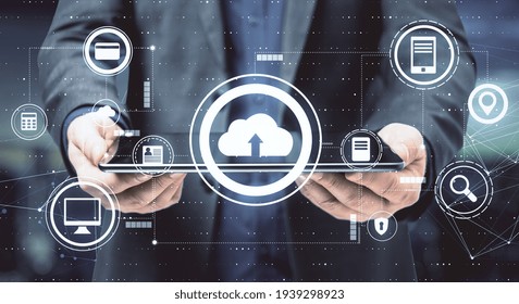 Cloud exchange service concept with digital internet icons on businessman with digital tablet background. Double exposure - Powered by Shutterstock