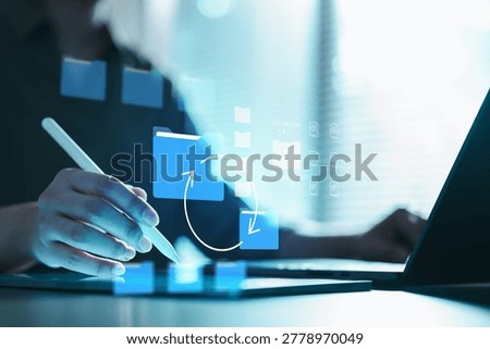 Cloud file synchronization and version control concept with secure document sharing, backup management and digital workflow collaboration technology.