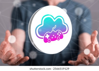 Cloud gaming concept between hands of a man in background