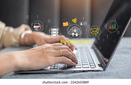 cloud icon concept of big data access, global network connection, data search, use of computing resources to make transactions with internet technology online and Cyber Security Data Protection.