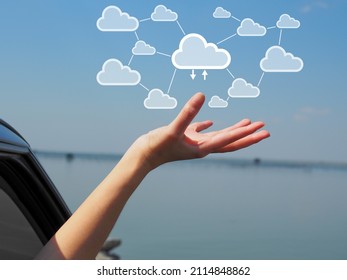 Cloud Icon On A Young Woman's Hand In A Mesh From, Online Data Linkage, Mass Storage.