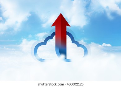 Cloud Icon With Red Arrow In The Cloudy Blue Sky, Storage Technology Concept