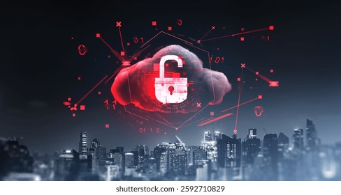 Cloud with lock over city skyline, digital style, dark background. Concept of cybersecurity