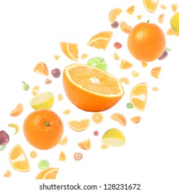 Cloud of many flying fruits on white background with oranges in foreground