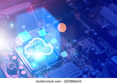 Cloud microchip technology, CPU processor on the circuit board of the computer motherboard with electronic big data, part of the supercomputer.
