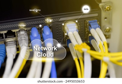 cloud network concept is depicted with various network cables connected to it. The cables represent data flow and connectivity to a cloud network.