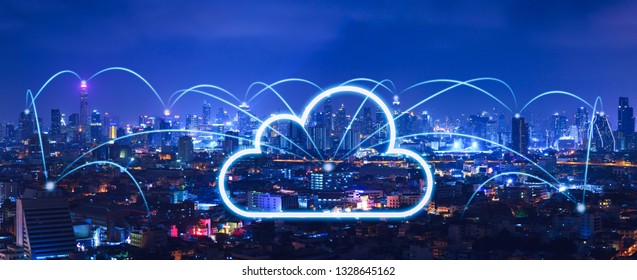 Cloud network and Connection technology concept with polygonal graphic against Bangkok city background at dusk in Thailand, panorama view