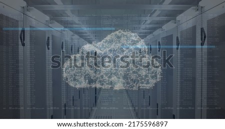 Cloud of network of connections and data processing against empty server room. cloud network and server technology concept