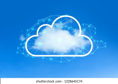 Cloud network technology concept with polygonal graphic on blue sky background
