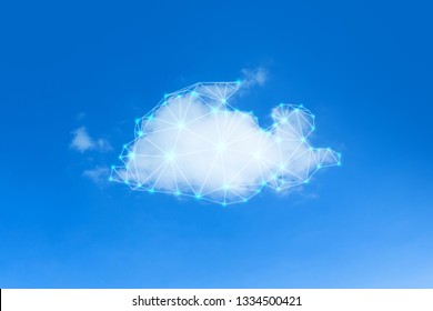 Cloud network technology concept with polygonal graphic on blue sky background
