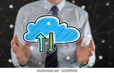 Cloud networking concept between hands of a man in background