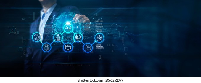 Cloud the next big thing, Technology 5G, Global business, Save the world, Automated programmable infrastructure, Businessman touching connect to data information on cloud computing network cyberspace. - Shutterstock ID 2063252399