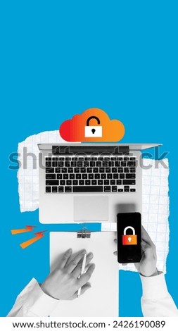 Cloud with padlock on laptop screen and mobile, symbolizing secure cloud services. Online privacy protection tools with cross-platform capabilities. Concept of cybersecurity, modern technologies