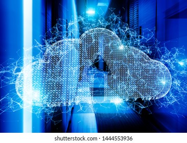 cloud of plexus particles and triangles on background of the data center tunnel rows. the concept of cloud services