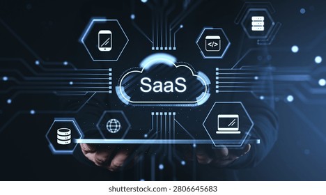 Cloud SaaS interface with tech icons held by hands in futuristic digital style on dark background, concept of online business services and modern connectivity