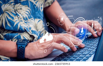 The cloud scalable and flexible storage solution. Cloud Computing Digital Information Data Center Technology.Information stored and managed in remote servers and accessible.Big data on Cloud.