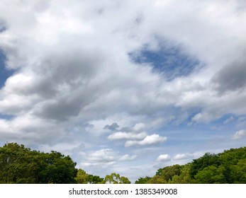 Cloud Scape On Blue Sky Over Green Forest. One Day Sky Before The Heisei Period Of Japan Come To An End On Next Day.