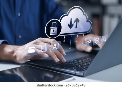 Cloud security with AI technology concept. database security, online cloud computing, data center, web hosting service, Database for documents and file. Businessman with virtual icon.
