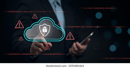 Cloud security breach concept with data protection alerts. Safeguarding digital assets from cyber threats with AI-driven security measures