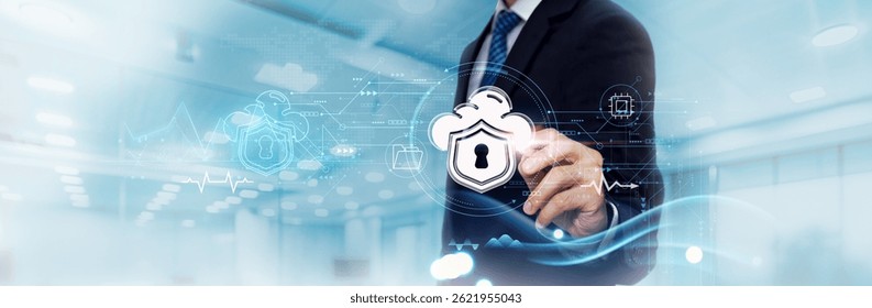 Cloud Security: Business Graph and Data of Cloud-Based Business Growth, Confidentiality. Businessman Touches and Analyzes Data Growth of Secure Cloud Environment, Protection, Compliance.