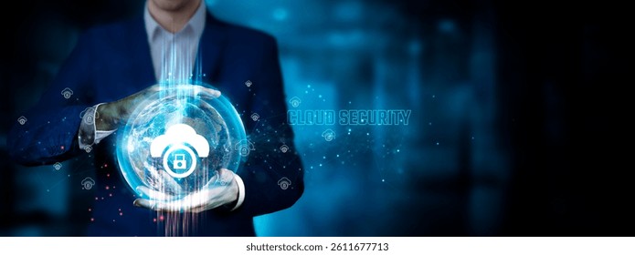 Cloud Security: Businessman holding innovation technology to develop smart solution from digital interfaces, data protection, cybersecurity measures.