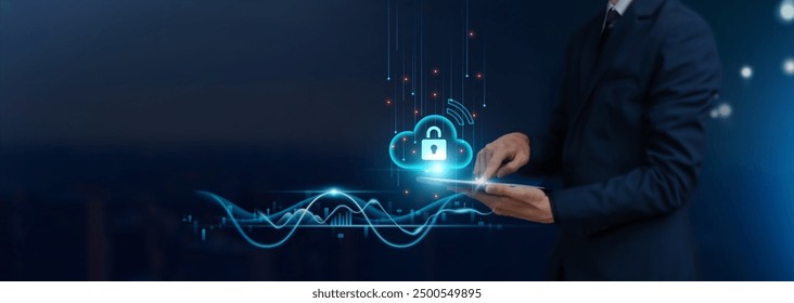 Cloud Security Concept: Businessman uses tablet on Secure Global Networking, Data Encryption, Firewall Protection, Continuous Monitoring, to Develop Smart Solutions from Digital Technology.