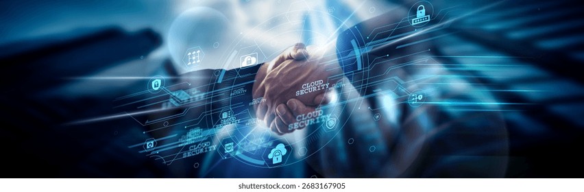Cloud Security concept, data protection, handshake of global network connection ensuring compliance, access, firewalls, encryption, resilience, monitoring.