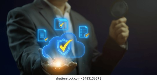 Cloud security concept. Global internet connection technology, digital marketing, Financial and big data. Businessman holding earth global to show glowing neon line of secure cloud icon.