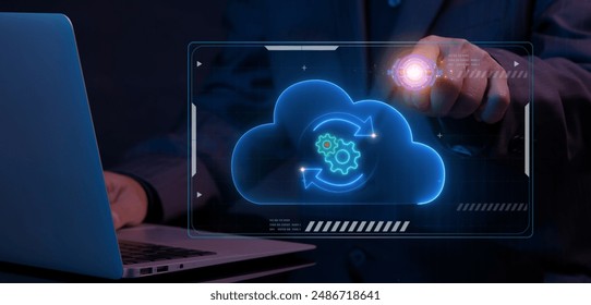 Cloud security concept. Global internet connection technology, digital marketing, Financial and big data. Businessman showing glowing neon line secure cloud backup icon on virtual screen. - Powered by Shutterstock - Get 15% off with code: PIKWIZARD15