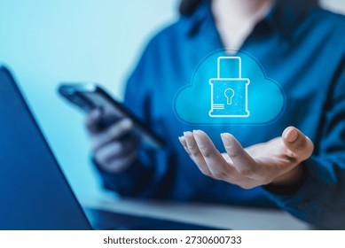 Cloud security concept with padlock icon representing data protection, privacy, and cybersecurity. Illustrates secure cloud computing, digital identity protection, and defense against cyber threats.