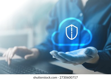 Cloud security concept with shield icon representing data protection, privacy, and cybersecurity. Illustrates secure cloud computing, network defense, digital trust, and modern IT infrastructure.