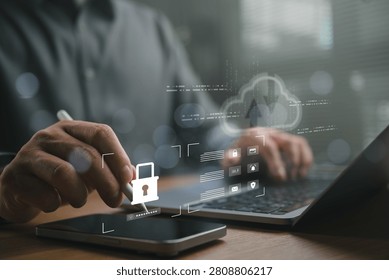 Cloud security concept showing encrypted data protection on smartphone and laptop with secure cloud computing interface, cybersecurity, authentication, digital privacy, enterprise security technology.