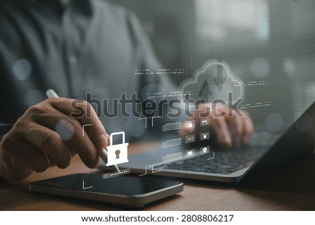 Cloud security concept showing encrypted data protection on smartphone and laptop with secure cloud computing interface, cybersecurity, authentication, digital privacy, enterprise security technology.