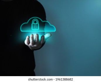 Cloud Security Concept, Virtual Cloud with Padlock Over Extended Hand
