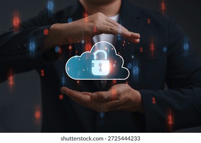 Cloud security and data protection concept with secure cloud and lock icon protected by hands symbolizing cybersecurity, privacy, encryption, secure storage and digital information safety.