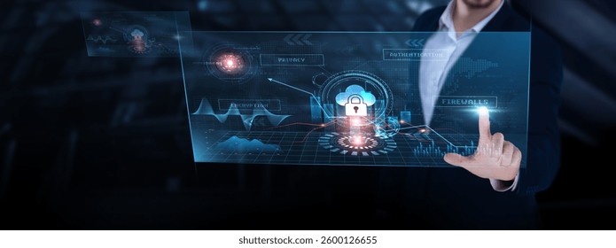 Cloud Security: Data protection, encryption, firewalls, access control, compliance, threat detection, risk management. Businessman analyzing cloud security progress chart on digital interface. - Powered by Shutterstock - Get 15% off with code: PIKWIZARD15