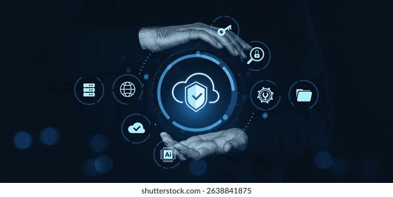Cloud security and data protection icons between two hands, futuristic digital style on dark background, concept of cybersecurity and safe storage