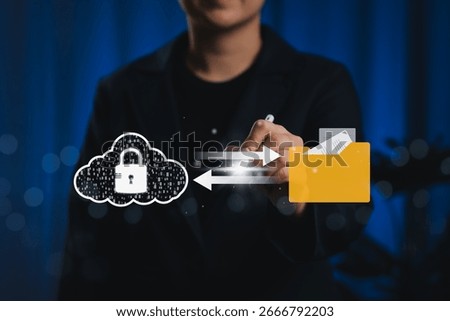 Cloud Security and Document Management System (DMS) Concept. Person using cloud storage and secure folder icons, document system, cloud data transfer, cybersecurity, and secure file sharing technology