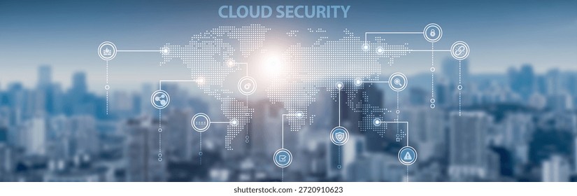 Cloud security and global network connection, data encryption, access control, threat prevention, cybersecurity compliance, and system protection.